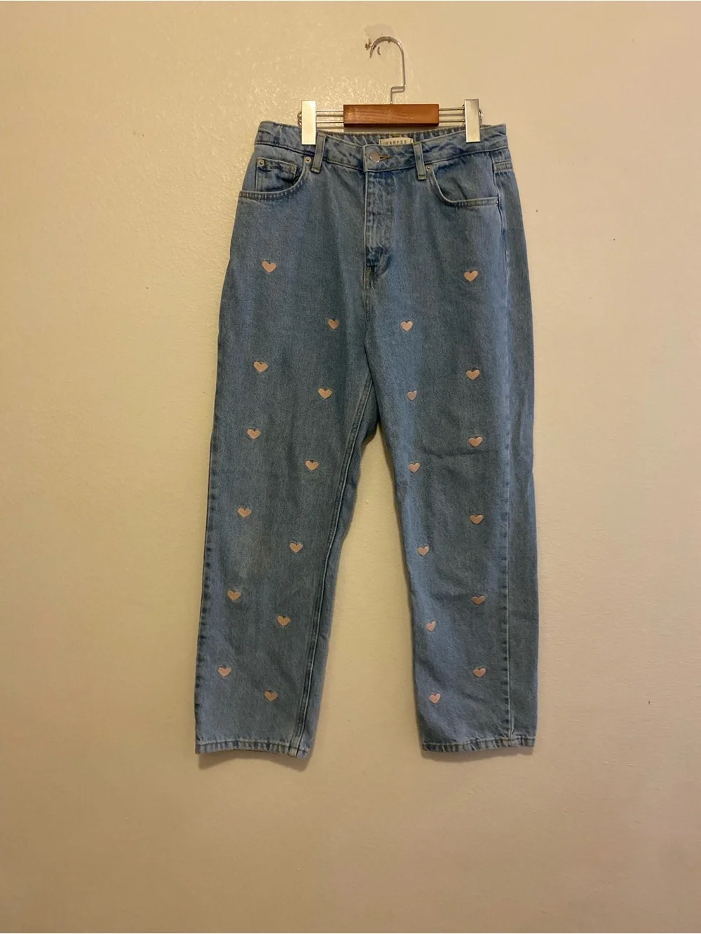 Harper Light Blue Denim Boyfriend Jeans with Pink Heart Print